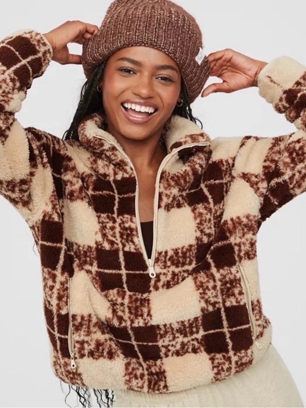 Aerie Cozy Check Sherpa Half-Zip Jacket - Brown/Cream